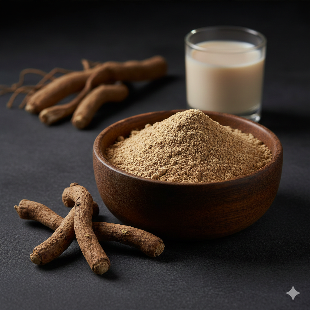 Ashwagandha root powder in a wooden bowl with raw roots and a glass of milk on a dark background.