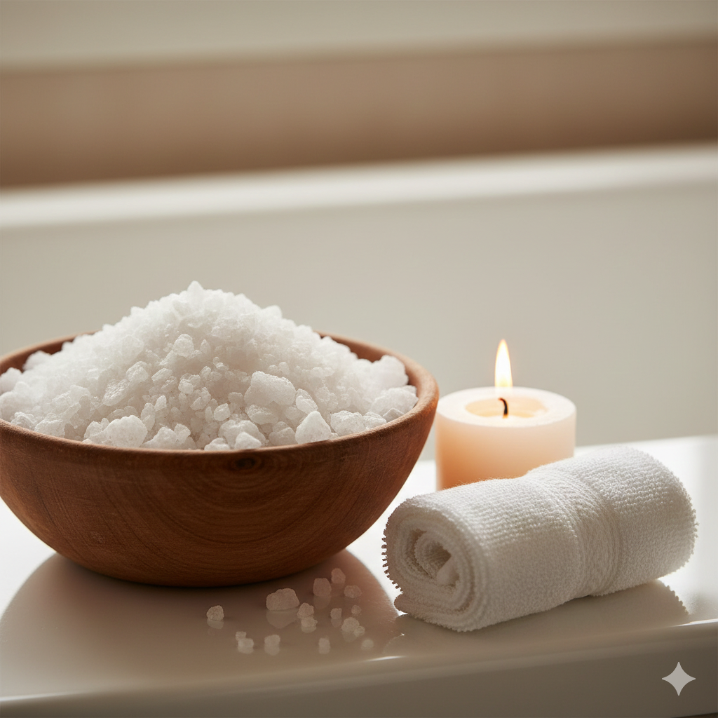 A wooden scoop of white Epsom salt crystals next to a lit candle and a small towel by a bathtub.