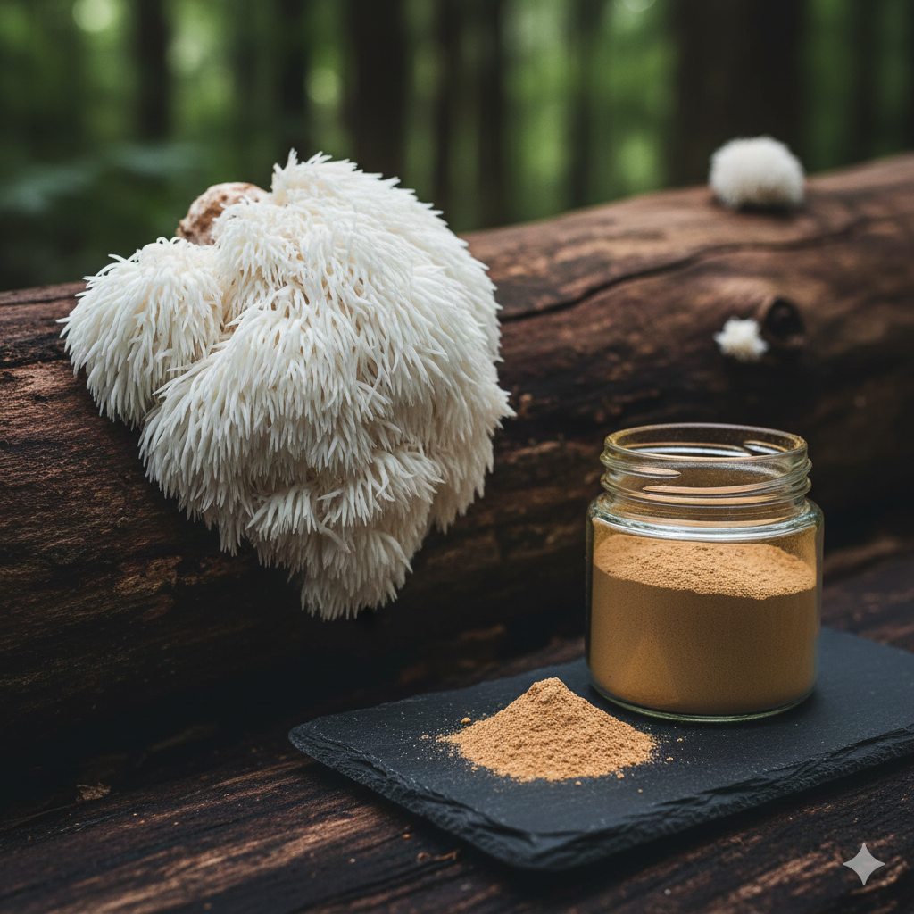 A fresh white Lion's Mane mushroom growing on an oak tree trunk in a misty forest.