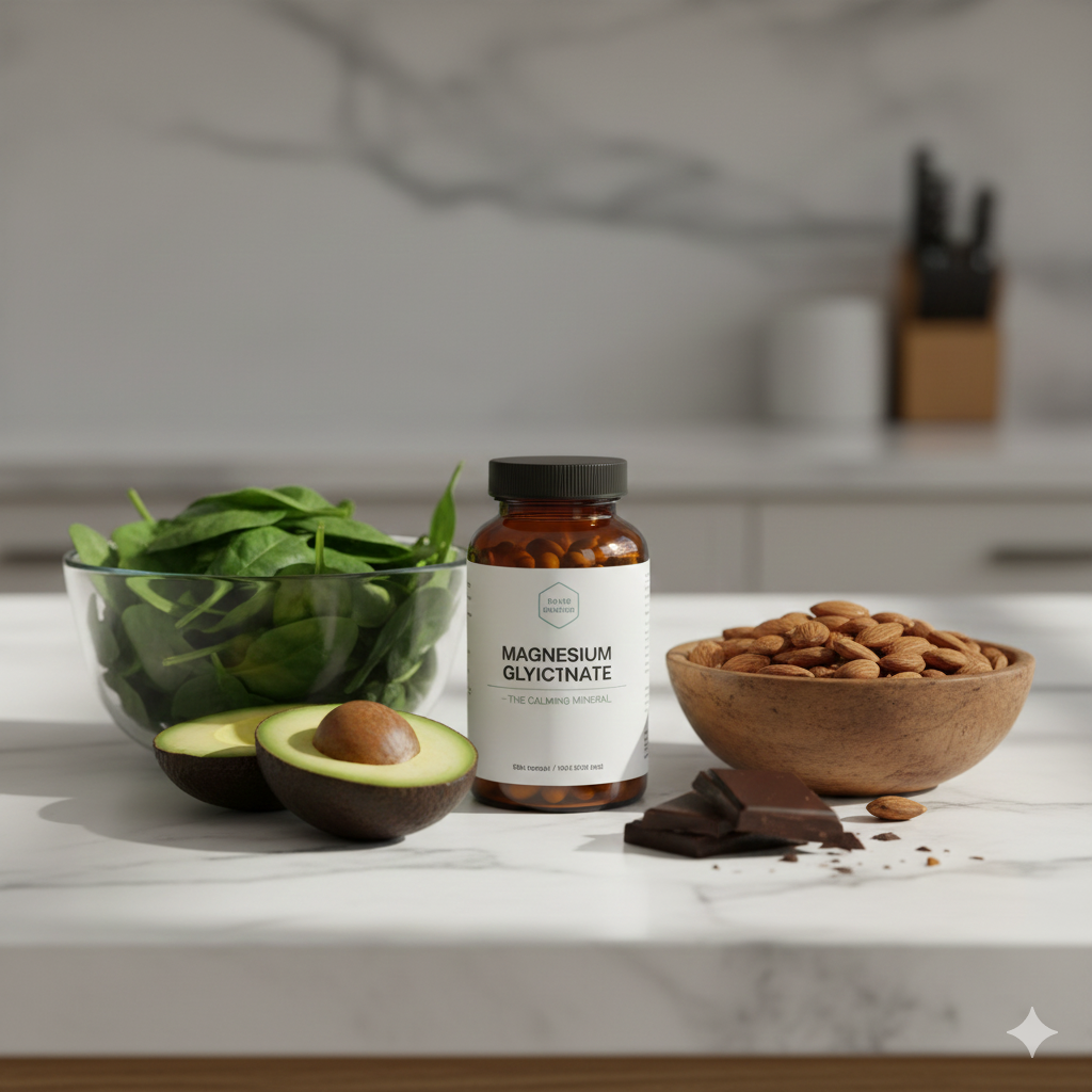 Various magnesium-rich foods like spinach, almonds, avocado, and dark chocolate on a kitchen counter.