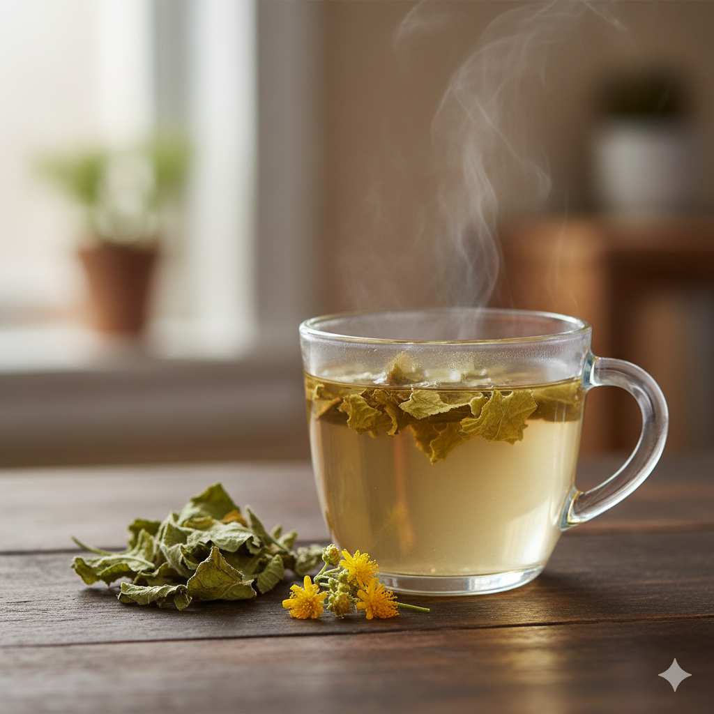A cup of steaming Mullein tea with dried Mullein leaves and flowers next to it on a wooden table.