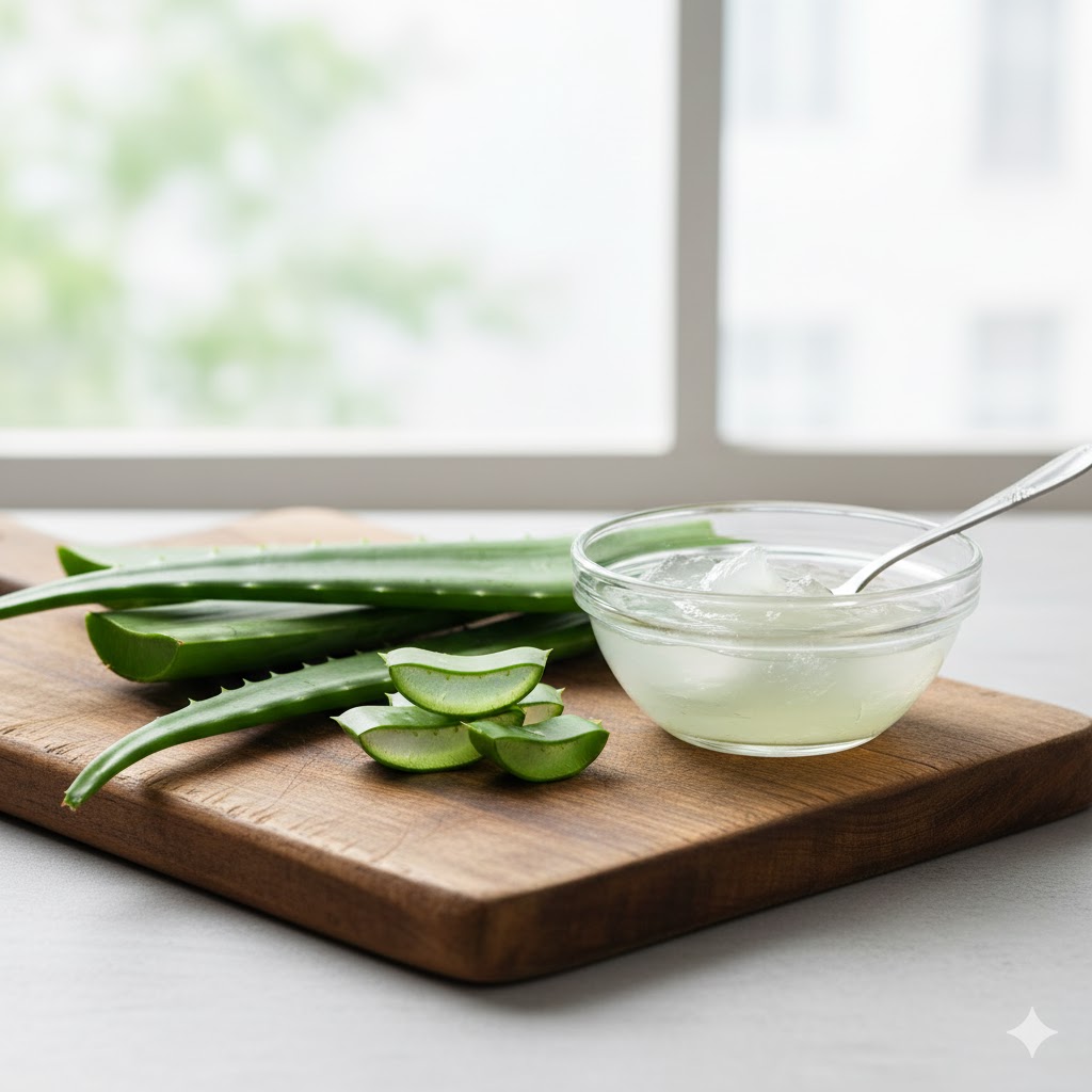 Fresh aloe vera leaves and a bowl of clear aloe vera gel with a spoon on a wooden cutting board.