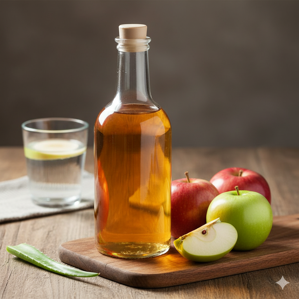 A glass bottle of organic apple cider vinegar with the "mother" alongside fresh red apples on a wooden table.