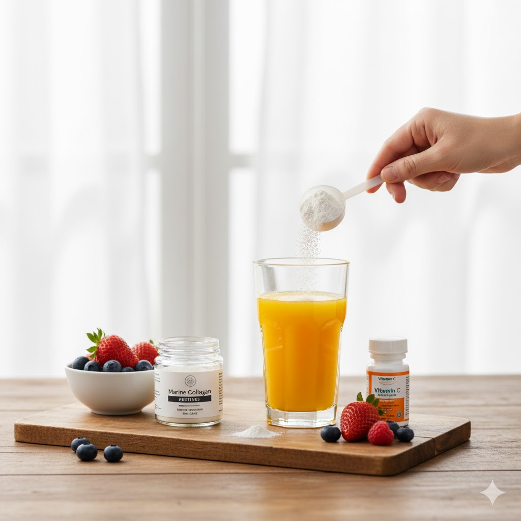A scoop of white collagen powder next to a glass of water and fresh oranges.