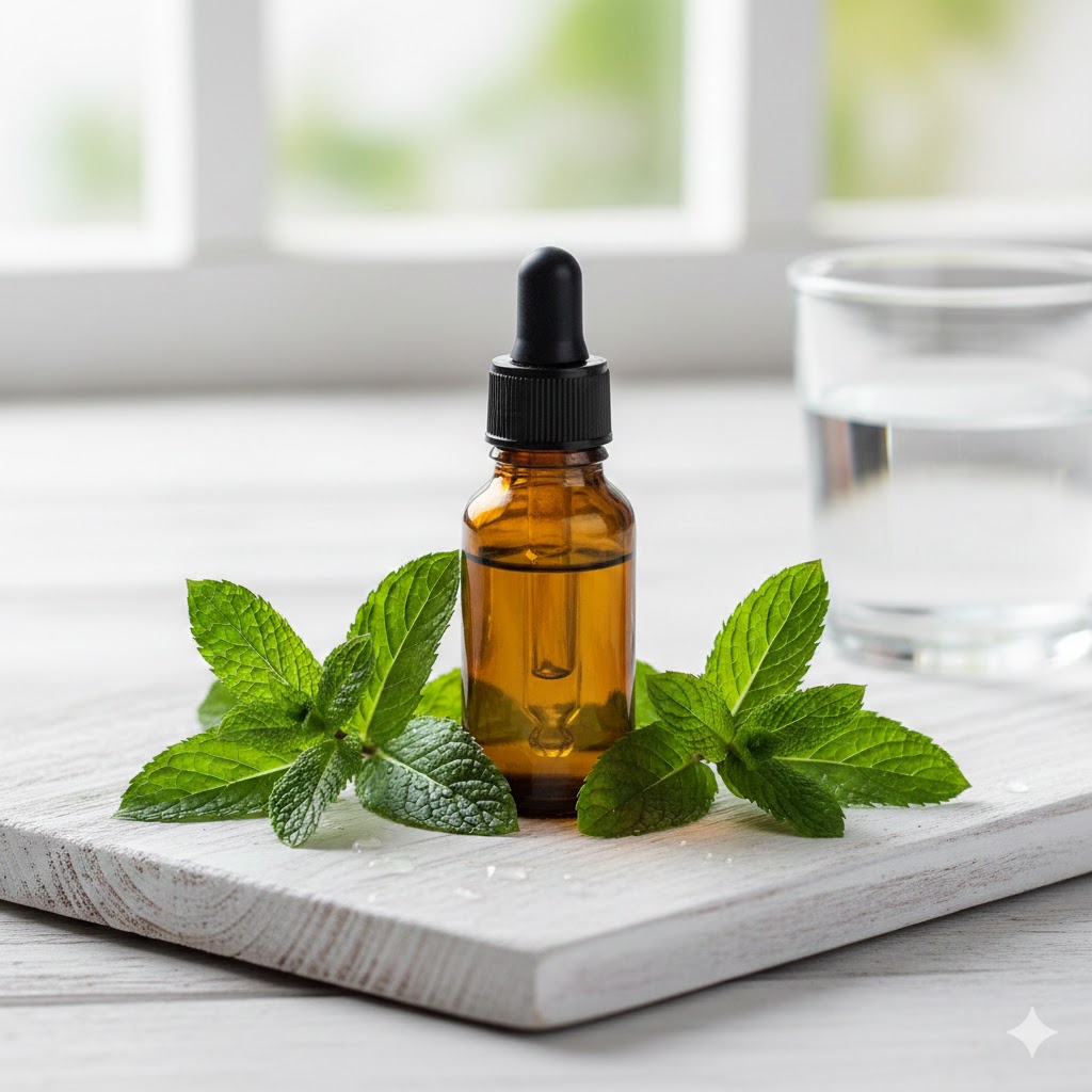 A bottle of essential peppermint oil with fresh mint leaves and a glass of water on a light-colored wooden background.