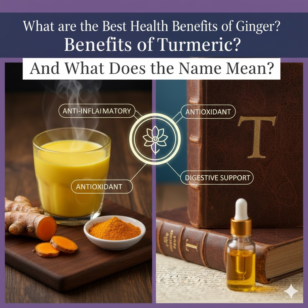A professional wellness featured image showing turmeric powder, roots, and golden milk with TURMERIC