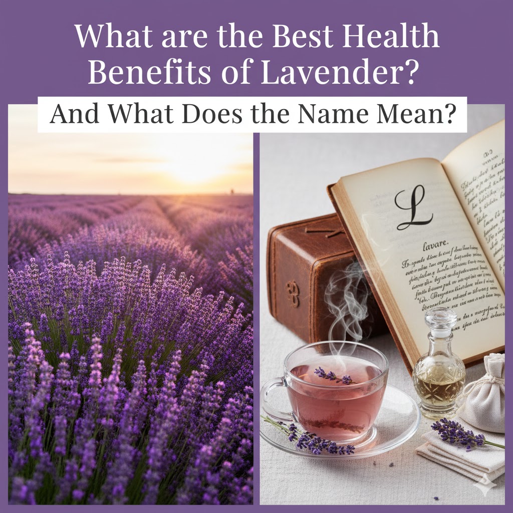 A beautiful lavender field at sunset and a hot lavender tea with an open book showing the word 'lavare' for health benefits and name meaning.